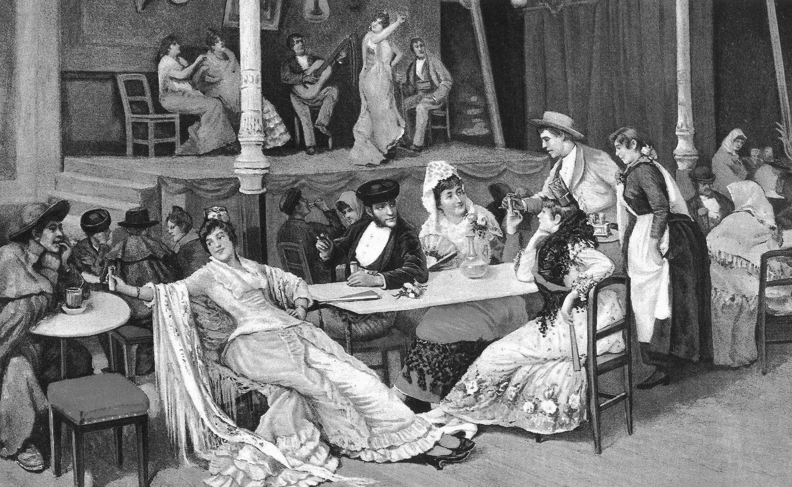 A grey-toned painting of a crowded café with women at marble tables and dancers and guitarists on a small stage behind