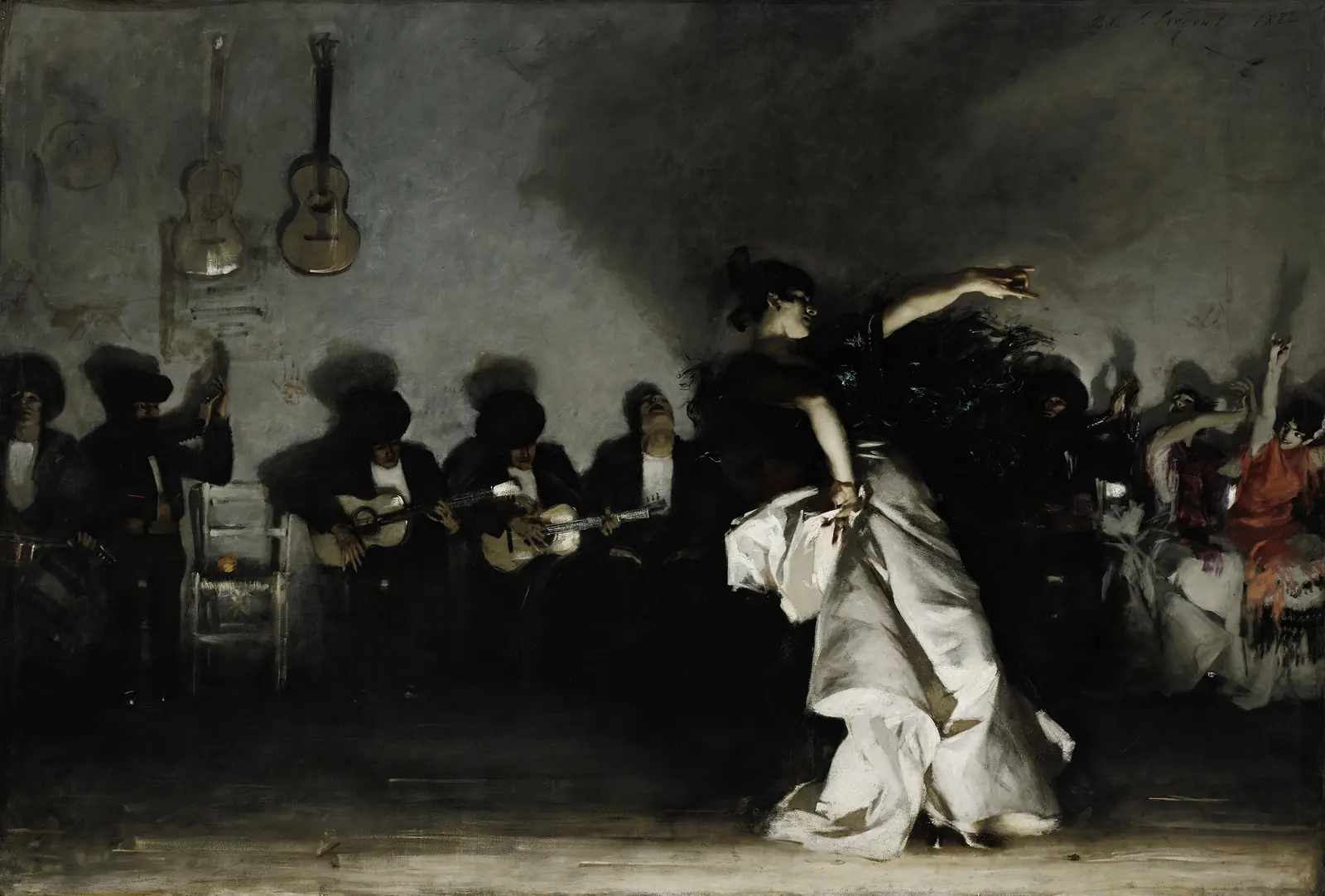 A painting of a flamenco dancer in a white dress arching backwards against a dark wall with seated guitarists behind her